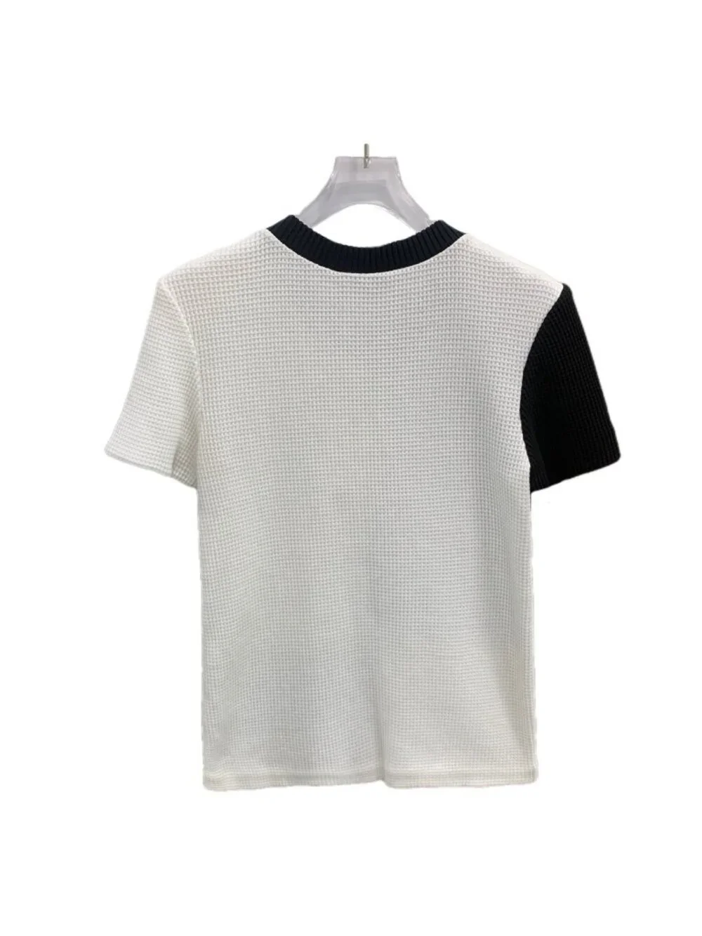 Chanel 21C Black & White Color-Block Cotton Button Detail T-Shirt